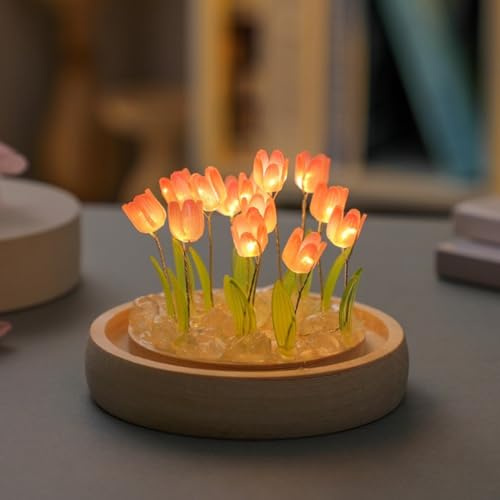 Floweringbeter Romantisches Tulpennachtlicht mit Glasblume und Holzsockel, für Ambientebeleuchtung und stilvollen Akzent im Schlafzimmer oder Schreibtisch (9 Pink)