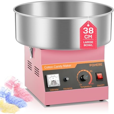 FOHERE Máquina de Algodón de Azúcar Comercial 1000W, Fácil de Instalar y Desmontar Control Simple con Azucarero y Cuchara para Cumpleaños, Bodas, Carnavales y Negocios, Rosa