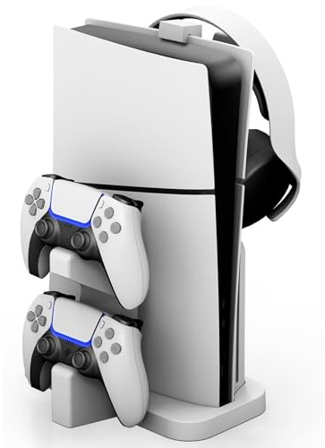 NBCP PS5 Slim Vertical Stand with Charging Dock,Charges Two DualSense Controllers Simultaneously,Includes Headset Holder,Integrated Cooling and Storage Accessory Stand for PS5 Slim Disc & Digital