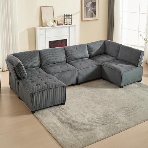 FammyLoft Modulares Sofa 6-Sitzer-Sofa, Ecksofa mit Schlaffunktion, Flexibel Sofa l/U Form mit Stauraumtaschen, Cloud Couch, Stabile Holz- und Metallstruktur, Ergonomisch, 308cm, Cordstoff, Grau
