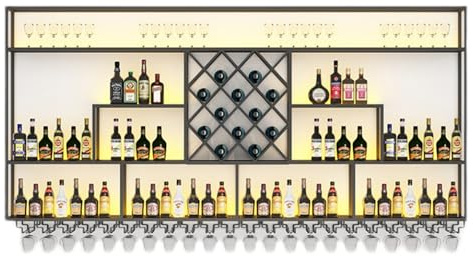 Labasuan Großes, wandmontiertes Weinregal aus Metall mit LED-Beleuchtung, 4-stöckiges, schwebendes Flaschenregal, modernes, schwarzes Eisenregal mit Glashalter(150 * 20 * 128CM)