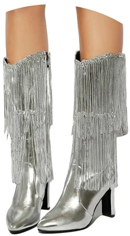EQWIGKEIT Stivali con glitter da donna, eleganti, classici, alla caviglia, con tacco a blocco, con brillantini, comodi, corti, con paillette, stivali invernali leggeri, B2 argento, 38 EU