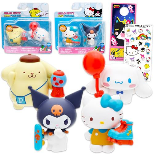 Hello Kitty Juego de figuras y amigos, paquete con 4 figuras Dreamland más calcomanías, juego de figuras Sanrio (Hello Kitty, Cinnamoroll, Pompompurin, Kuromi)