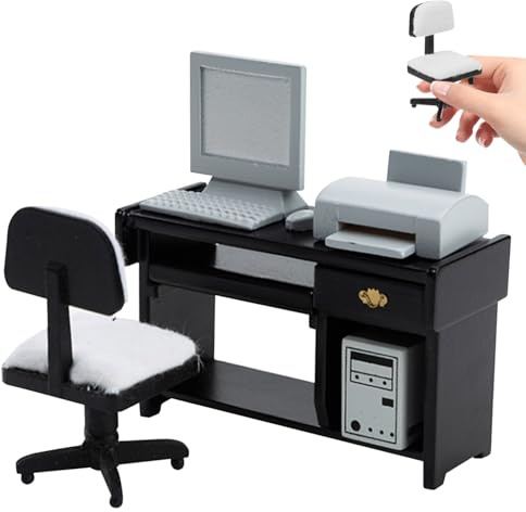 Ameble Miniature Desk 1 12 Wooden Dollhouse Office Furniture Set with Table Chair Computer and Printer, Simulation Dolls House Accessories Decor