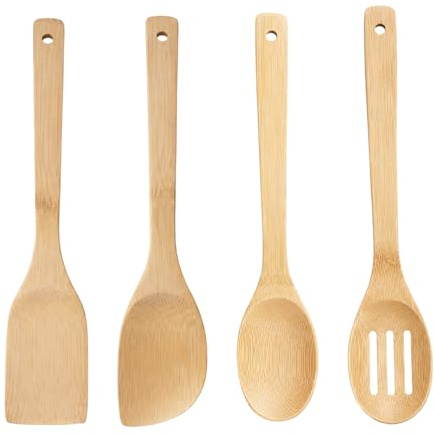 4Pcs Wooden Spoons for Cooking, 4-Piece Utensil Set with Spatula and Ladle, 30 cm Long Handle Kitchen Tools for Stirring Sauces and Serving Dishes