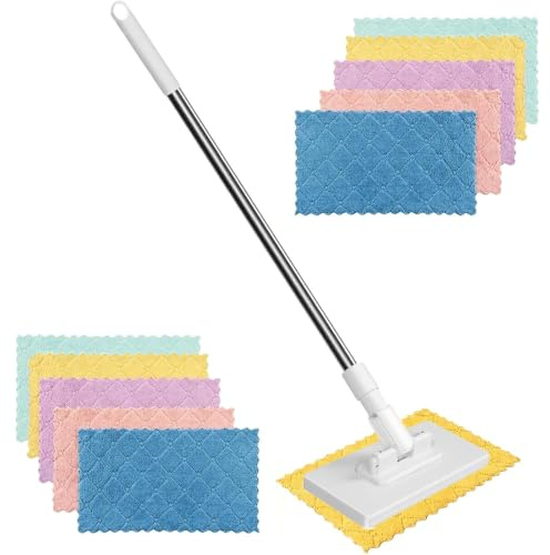1 PCS Lazy Mop Clip On, Floor Mops for Cleaning Floors with 10 Reusable Changing Cloths, 360° Rotating Head Extendable Handle Household Cleaning Products, for Kitchens Walls and Windowsws