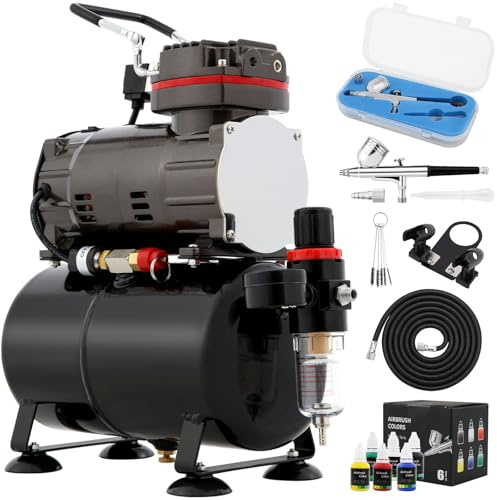 Airbrush-Kompressor mit Lufttank, professionelles Airbrush-Farb-Set mit Manometer, komplette Ausrüstung mit Auto-Stop-Funktion, ideal für Modellbemalung und Nagelkunst