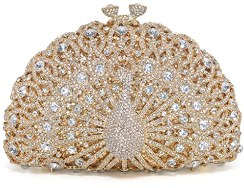MOSSMON Clutch-Handtasche mit Strasssteinen, Pfauenmotiv, für Damen, gold, Small
