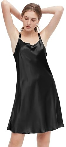 LilySilk Nuisette Soie Féminin Robe Courte à Fines Bretelles Chemise de Nuit Chic Eté 19 Momme L Noir
