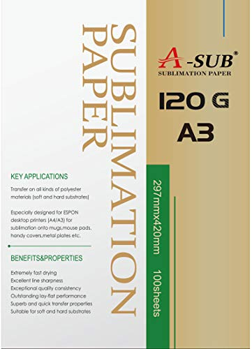 A-SUB Papier de sublimation A3, 297x420 mm, 100 feuilles, 120 g/m², Compatible avec les imprimantes à sublimation EPSON, SAWGRASS, RICOH, BROTHER