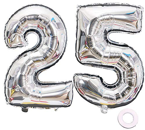 Juland Luftballons 25. Geburtstag XXL Riesen Folienballon Luftballon Zahl 25 52 Silber Nummer Ballons Große Folienmylar-Ballons 40-Zoll-Riesen-Jumbo-Zahl-Ballons zum 25. Geburtstag Partydekorationen