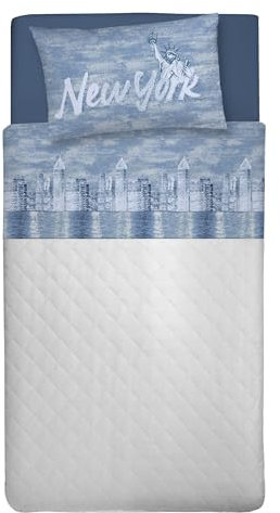 PENSIERI DELICATI Bettwäsche Set Einzelbett 100% Baumwolle, Einzelbett Max 120x200 Inklusive Bodenblech, Deckblatt und 1 Kissenbezug, Made in Italy, blaues New York Muster