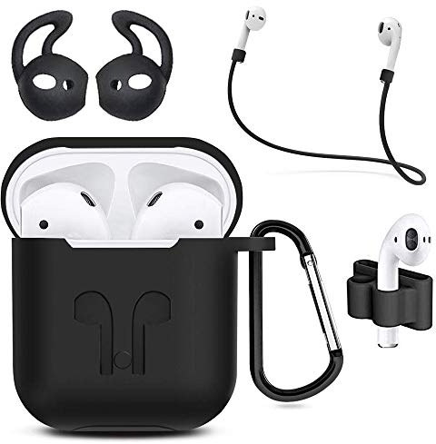 MMOBIEL Case Cover Compatible with AirPods 1/2 - Silicone Shockproof Case - Protective Cover Skin for Airpods - 6 in 1 Set with Clip Ear Hooks Strap - Black