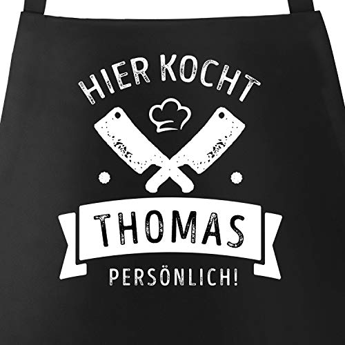 MoonWorks® Grill-Schürze Kochschürze für Männer mit Spruch Hier kocht der Chef persönlich Baumwoll-Schürze Küchenschürze schwarz unisize