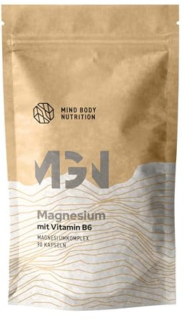Mind Body Nutrition Magnesium-Kapseln I hochdosiert & Vegan – mit Vitamin B6 – Magnesium-Komplex mit Magnesiumcitrat – 90 Kapseln – Supplements Nahrungsergänzungsmittel – Made in Germany