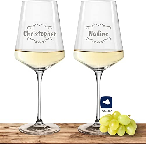 2X Leonardo Weißweinglas mit Namen oder Wunschtext graviert - PUCCINI - große 560ml Gläser - personalisierte Weingläser im Set als Geschenkidee für Paare, Eltern oder Hochzeit Motiv (Verzierung 02)