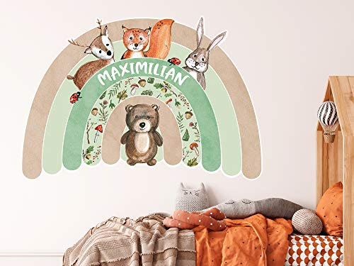 GRAZDesign Wandtattoo Regenbogen Kinderzimmer mit Namen personalisiert, Wandsticker Babyzimmer Kinder Aufkleber, Tiere Waldtiere für Jungen und Mädchen - 44x30cm