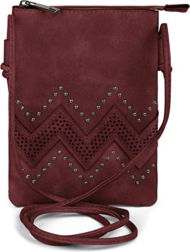 styleBREAKER Damen Mini Bag Umhängetasche mit Zick-Zack Cutout und Nieten, Schultertasche, Handtasche, Tasche 02012211, Farbe:Bordeaux-Rot