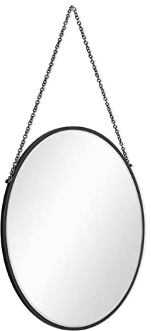 PHOTOLINI Spiegel Rund Schwarz mit Kette und Metallrahmen 50 cm | Deko-Wandspiegel | Kettenaufhängung | Wandspiegel