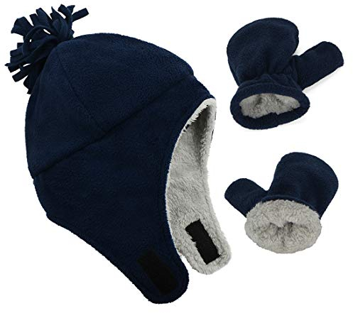 Durio Baby Mütze und Handschuhe Set Junge Wintermütze und Fäustlinge Warmes Gefütterte Fleece Mütze Kappen Ohrenklappe Kleinkind Kinder Mädchen Navy 2-4 Jahre