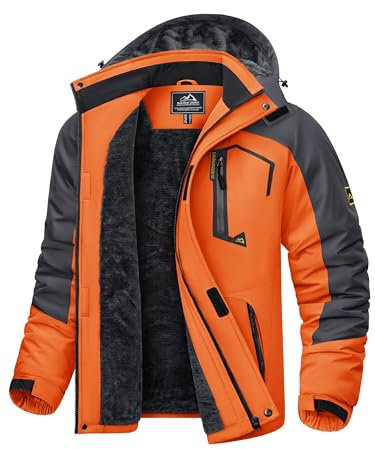 KEFITEVD Snowboardjacke Herren Thermo Winter Jacke Outdoor Wasserabweisend Softshelljacke Fleece Gefütterte Kapuzenjacke mit Mehrere Taschen Grau-orange M