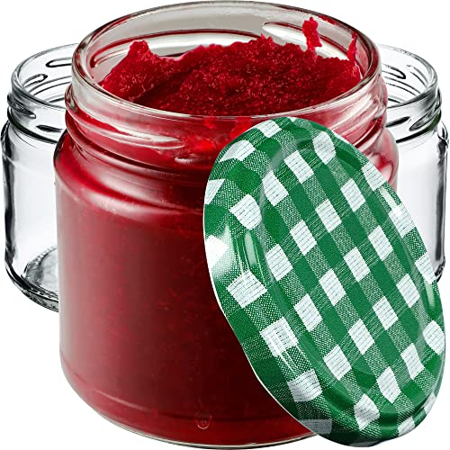 KADAX Lot de 50 petits bocaux en verre à confiture de 200 ml Fi66mm pour miel et épices, pots hermétiques, bocaux hermétiques, bocaux, pots de conserve, verres ronds à carreaux verts K5372