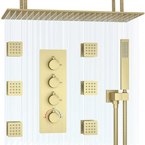 Delnet Thermostatic Shower Mixer Set Concealed Brushed Gold 20x40 Inch(50.8 * 101.6 Cm) Rain Shower System with Body Jets Luxury Multi Shower Head System Combo