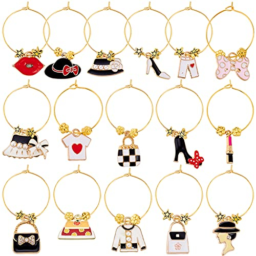 BENECREAT 16 Sets Legierung Emaille Mode Weinglas Charms, Getränke-Marker-Tags Mit 16 Anhängern, 20 Creolen Und 20 Perlen Für Cocktail-Champagner-Gastgeschenke