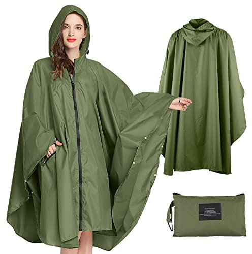 SOPPY Leichter, wasserdichter Regenponcho für Damen Herren, wiederverwendbarer Regenmantel mit Kapuze für Outdoor-Aktivitäten, schnell trocknender Regenmantel mit Kapuze, freie Größe L/XL, Armee-grün