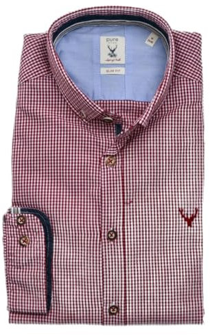 Pure Slim Fit Trachtenhemd Langarm Button Down Kragen Karo rot Größe M