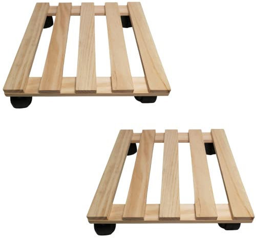 Samuel ALEXANDER Pack of 2 35cm Square Wooden Garden Plant Pot Flower Trolley Stand On Wheels