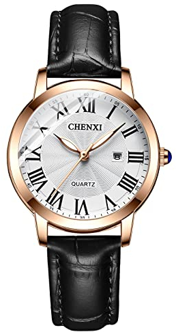 Tiong Uhren Damen Einfache Stil Armbanduhr Quarzuhr Schwarzes Lederarmband Uhr Römische Ziffern Analoge Uhr Quarzuhr für Frauen…