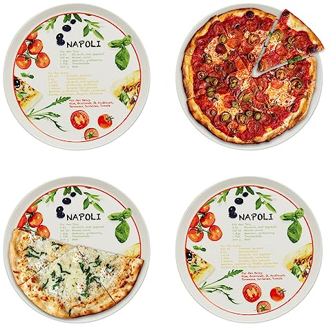 KHG 4er Set Pizzateller, extra groß mit 30cm Durchmesser in Napoli Print, perfekt für Gastro und Zuhause, hochwertiges Porzellan, Spühlmaschinengeeignet & perfekt Stapelbar