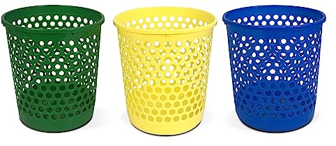 TIENDA EURASIA - 3 Papeleras de Plastico, 3 colores Amarillo, Azul y Verde, 28x29cm, Material Reciclable, Diseño Hueco Moderno, Oficina y Hogar, Papelera para Escritorio, Cubo Portatil