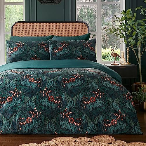 JingHe Laurence Llewelyn-Bowen Rambleicious Bettwäsche-Set, dunkelgrün, türkis, für King-Size-Betten (220 x 230 cm), Blumen- und Farn-Druck, dunkelgrüner Samt-Bettwäschebezug