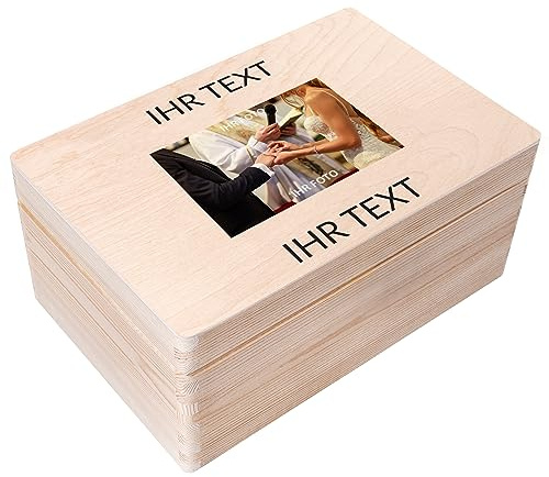 Creative Deco Personalisierte Geschenke Wunschtext + Foto | Fotogeschenke | Holzkiste | dein Eigenes Bild Individuelle Geschenk JGA Geschenkkiste Geschenkbox für Frauen, Männer, Paar | 30 x 20 x 14 cm