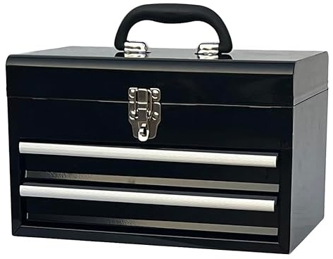 Workington Tragbarer Werkzeugkasten aus Metall mit 2 Schubladen, 35,6 cm, 2 Schubladen, mit kugelgelagerten Schubladenschienen, Werkzeug-Aufbewahrungsbox, Organizer, 4202, Schwarz