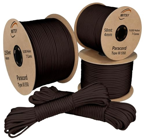 MITSY Paracord 550 Typ III Nylon Schnur 4 mm 50 Meter Dunkelbraun | Fallschirmschnur, 7 Kern Seil, Reißfest & Wetterfest, Allzweckseil für Camping, Outdoor & Survival, 10m, 25m, 50m, 100m, 250m