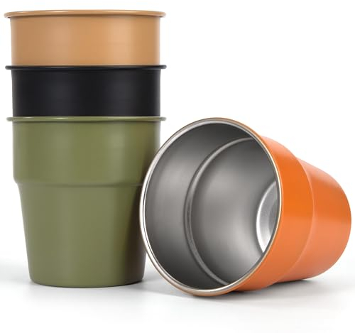 AYMQC Edelstahl Becher 300ml Doppelwandige Metall Tassen Stapelbar Kaffeetasse Wiederverwendbar Trinkbecher Set für Reisen Outdoor Camping Picknick 4 Stück
