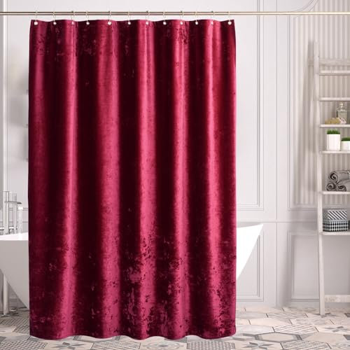 TAMGHO Tenda da doccia rossa per bagno, lussuosa tenda da doccia in velluto riccio rosso, tenda da doccia scura con ganci in metallo dorato Decro, tessuto spesso lavabile in lavatrice, bordeaux, 183 x