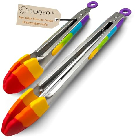 Kitchen Silicone Tip Tongs - Stainless Steel Locking, Heat Resistant Cooking Tongs - 9 & 12 inch Set of 2 (Rainbow Colors)