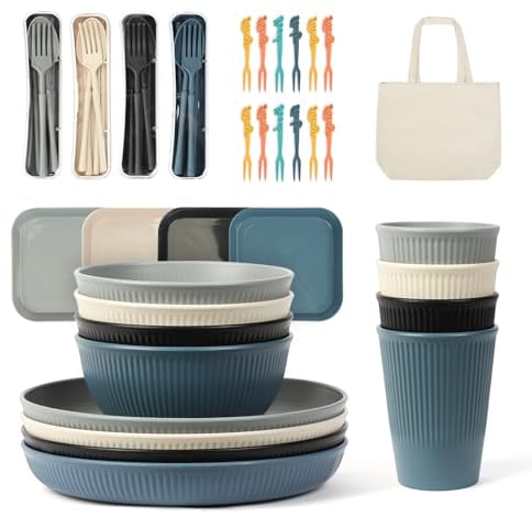ZgoEC 49pcs Camping Geschirr Set 4 Personen, Unzerbrechliches Camping Geschirr Set mit Tragetasche, Leicht Plastikgeschirr Set 4 Personen, Stapelbar Picknick Tafelsevice for BBQ Garten