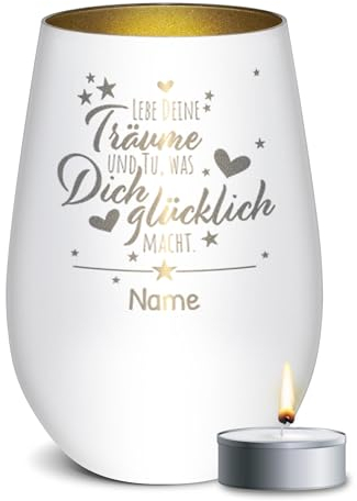 PR Print Royal Weißes Windlicht mit Gravur und Spruch - Lebe Deine Träume - mit Name gravieren - Geschenke zur Taufe, Kommunion, Konfirmation, Jugendweihe | inkl. Teelicht, 450 ml, Innen Gold
