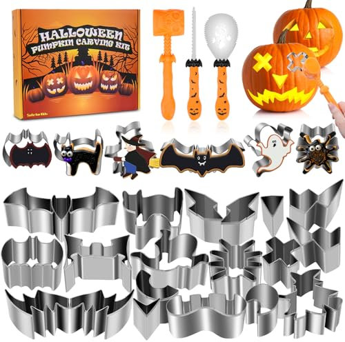 Dreamtop 24 Piezas Kit Tallar Calabaza Halloween, Acero Inoxidable Kit de Tallado de Calabaza, Herramienta Tallar Calabaza Incluye Martillo de Goma para Adultos y Niños