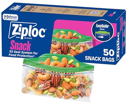 Ziploc Sacchetti per snack con texture EasyGuide, piccoli sacchetti di plastica con tecnologia Grip 'N Seal, 50 sacchetti in totale