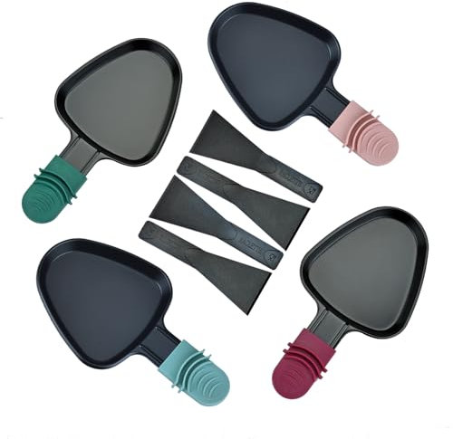 RoDzj Poelon Raclette Triangulaire, 4 Pièces Revêtement Antiadhésif Mini Raclette Set avec 4 Spatules Raclette Coupelle Raclette pour Fromage Fondu Oeuf Frit