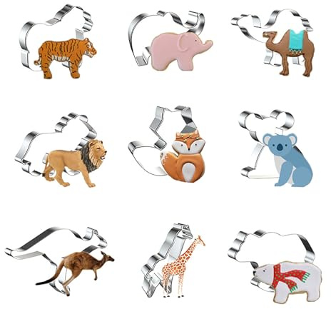 WDYJMALL Lot de 9 emporte-pièces en forme d'animal – Tigre, éléphant, chameau, lion, renard, koala, kangourou, girafe, ours polaire – A