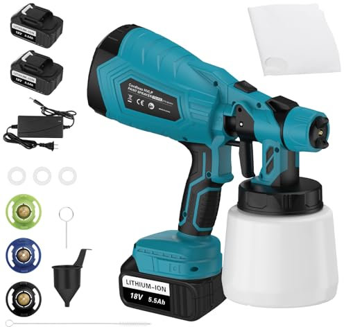 Pulvérisateur de peinture électrique sans fil pour peinture d'intérieur, alimenté par batterie 5500 mAh, 3 buses, largeur de pulvérisation réglable et contrôle du débit, pistolet pulvérisateur HVLP