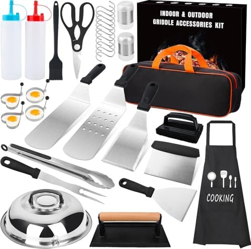 KIMIGO 32Pcs Set di Spatola e Raschietto per Barbecue,Kit BBQ di Utensili Teppanyaki Acciaio Inox Accessori per Griglia,Kit di accessori per piastra Perfetto Come Regalo per Uomini