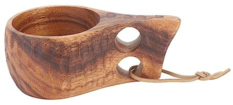 Tissting 220ML 15cm/5.91in Wooden Cup Nordic Style Handmade Finnish Kuksa Wooden Cup Portable Mug Drinking Cup for Coffee Tea Milk Hiking, Camping, Kitchen, Outdoors (Double Hole Tortoise Shell)